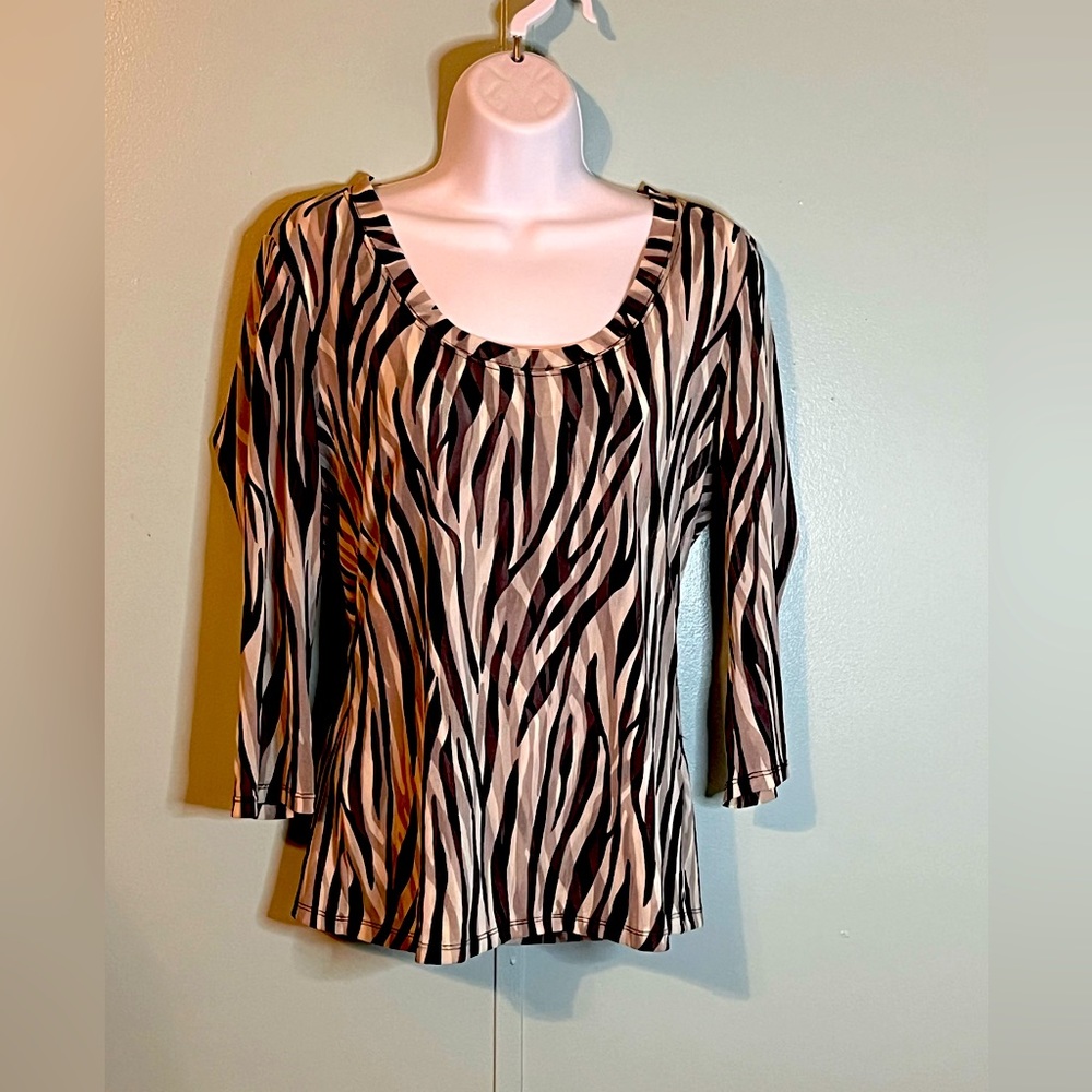 Madison Studio Blouse Size Medium Stripes Sheer/Nylon Black White Gray